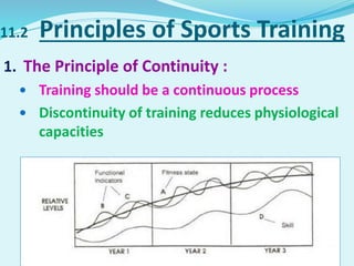 11.2 Principles of Sports Training
1. The Principle of Continuity :
 Training should be a continuous process
 Discontinuity of training reduces physiological
capacities
 
