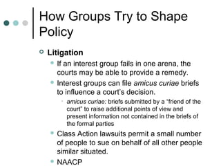 How Groups Try to Shape
Policy
 Litigation
 If an interest group fails in one arena, the
courts may be able to provide a remedy.
 Interest groups can file amicus curiae briefs
to influence a court’s decision.
• amicus curiae: briefs submitted by a “friend of the
court” to raise additional points of view and
present information not contained in the briefs of
the formal parties
 Class Action lawsuits permit a small number
of people to sue on behalf of all other people
similar situated.
 NAACP
 
