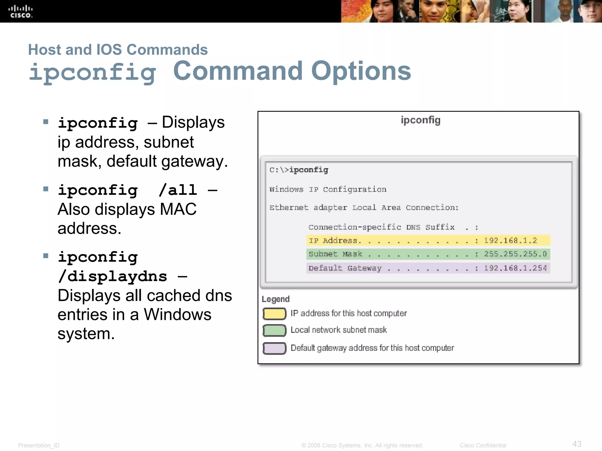 Presentation_ID 43© 2008 Cisco Systems, Inc. All rights reserved. Cisco Confidential
Host and IOS Commands
ipconfig Command Options
 ipconfig – Displays
ip address, subnet
mask, default gateway.
 ipconfig /all –
Also displays MAC
address.
 ipconfig
/displaydns –
Displays all cached dns
entries in a Windows
system.
 