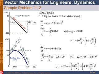 Eighth
Edition

Vector Mechanics for Engineers: Dynamics
Sample Problem 11.2
SOLUTION:
• Integrate twice to find v(t) and y(t).
dv
= a = −9.81 m s 2
dt
v( t )
t
v( t ) − v0 = −9.81t
∫ dv = − ∫ 9.81 dt
v0

0

v( t ) = 10
dy
= v = 10 − 9.81t
dt
y( t )
t
∫ dy = ∫ (10 − 9.81t ) dt
y0

0

m 
m
−  9.81 2  t
s 
s 

y ( t ) − y0 = 10t − 1 9.81t 2
2

m
 m 
y ( t ) = 20 m + 10 t −  4.905 2 t 2
 s 
s 
© 2007 The McGraw-Hill Companies, Inc. All rights reserved.

11 - 12

 