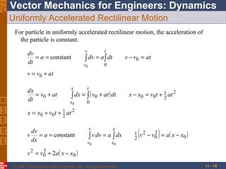 Eighth
Edition

Vector Mechanics for Engineers: Dynamics
Uniformly Accelerated Rectilinear Motion
For particle in uniformly accelerated rectilinear motion, the acceleration of
the particle is constant.
v

t

v0

dv
= a = constant
dt

0

∫ dv = a ∫ dt

v − v0 = at

v = v0 + at
dx
= v0 + at
dt

x

t

x0

0

∫ dx = ∫ ( v0 + at ) dt

x − x0 = v0 t + 1 at 2
2

x = x0 + v0t + 1 at 2
2
dv
v = a = constant
dx

v

x

v0

x0

∫ v dv = a ∫ dx

1
2

(v 2 − v02 ) = a( x − x0 )

2
v 2 = v0 + 2 a ( x − x0 )
© 2007 The McGraw-Hill Companies, Inc. All rights reserved.

11 - 19

 