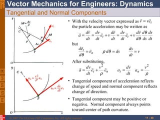 Eighth
Edition

Vector Mechanics for Engineers: Dynamics
Tangential and Normal Components


• With the velocity vector expressed as v = vet
the particle acceleration may be written as



de dv 
de dθ ds
 dv dv 
a=
= et + v
= et + v
dt dt
dt dt
dθ ds dt
but 
det 
ds
= en
ρ dθ = ds
=v
dθ
dt
After substituting,
dv
v2
 dv  v 2 
a = et + en
at =
an =
dt
ρ
dt
ρ
• Tangential component of acceleration reflects
change of speed and normal component reflects
change of direction.
• Tangential component may be positive or
negative. Normal component always points
toward center of path curvature.
© 2007 The McGraw-Hill Companies, Inc. All rights reserved.

11 - 40

 
