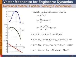 Eighth
Edition

Vector Mechanics for Engineers: Dynamics
Rectilinear Motion: Position, Velocity & Acceleration
• Consider particle with motion given by
x = 6t 2 − t 3
v=

dx
= 12t − 3t 2
dt

dv d 2 x
a=
=
= 12 − 6t
dt dt 2
• at t = 0,

x = 0, v = 0, a = 12 m/s2

• at t = 2 s,

x = 16 m, v = vmax = 12 m/s, a = 0

• at t = 4 s,

x = xmax = 32 m, v = 0, a = -12 m/s2

• at t = 6 s,

x = 0, v = -36 m/s, a = 24 m/s2

© 2007 The McGraw-Hill Companies, Inc. All rights reserved.

11 - 7

 