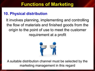 Functions of Marketing
10. Physical distribution
It involves planning, implementing and controlling
the flow of materials and finished goods from the
origin to the point of use to meet the customer
requirement at a profit
A suitable distribution channel must be selected by the
marketing management in this regard
 