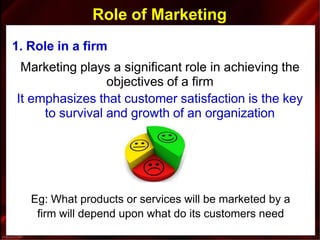 Role of Marketing
1. Role in a firm
Marketing plays a significant role in achieving the
objectives of a firm
It emphasizes that customer satisfaction is the key
to survival and growth of an organization
Eg: What products or services will be marketed by a
firm will depend upon what do its customers need
 