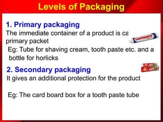 Levels of Packaging
1. Primary packaging
The immediate container of a product is called
primary packet
Eg: Tube for shaving cream, tooth paste etc. and a
bottle for horlicks
2. Secondary packaging
It gives an additional protection for the product
Eg: The card board box for a tooth paste tube
 