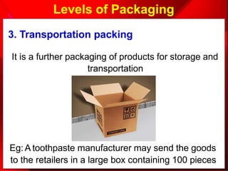 Levels of Packaging
3. Transportation packing
It is a further packaging of products for storage and
transportation
Eg: A toothpaste manufacturer may send the goods
to the retailers in a large box containing 100 pieces
 