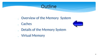 24
Outline
 Overview of the Memory System
 Caches
 Details of the Memory System
 Virtual Memory
 