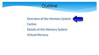 3
Outline
 Overview of the Memory System
 Caches
 Details of the Memory System
 Virtual Memory
 