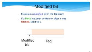 39
Modified bit
 Maintain a modified bit in the tag array.
 If a block has been written to, after it was
fetched, set it to 1.
Tag
Modified
bit
 