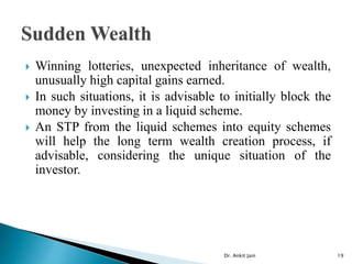  Winning lotteries, unexpected inheritance of wealth,
unusually high capital gains earned.
 In such situations, it is advisable to initially block the
money by investing in a liquid scheme.
 An STP from the liquid schemes into equity schemes
will help the long term wealth creation process, if
advisable, considering the unique situation of the
investor.
Dr. Ankit Jain 19
 