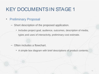 KEY DOCUMENTSIN STAGE 1
• Preliminary Proposal
– Short description of the proposed application.
• Includes project goal, audience, outcomes, description of media,
types and uses of interactivity, preliminary cost estimate.
– Often includes a flowchart.
• A simple box diagram with brief descriptions of product contents.
11
 