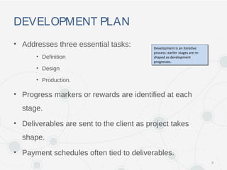 DEVELOPMENT PLAN
• Addresses three essential tasks:
• Definition
• Design
• Production.
• Progress markers or rewards are identified at each
stage.
• Deliverables are sent to the client as project takes
shape.
• Payment schedules often tied to deliverables.
9
Development is an iterative
process: earlier stages are re-
shaped as development
progresses.
Development is an iterative
process: earlier stages are re-
shaped as development
progresses.
 