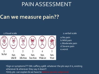 1.Visual scale 2.verbal scale
a.No pain
b.Mild pain
c.Moderate pain
d.Severe pain
e.worst
PAIN ASSESSMENT
•Sign or symptoms??? (Mc caffery,1968: whatever the pts says it is, existing
whenever & wherever they say it does!!!
•Only pts can explain & we have to believe.(purely subjective)
 