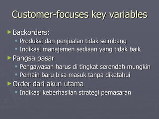 Customer-focuses key variables Backorders: Produksi dan penjualan tidak seimbang Indikasi manajemen sediaan yang tidak baik Pangsa pasar Pengawasan harus di tingkat serendah mungkin Pemain baru bisa masuk tanpa diketahui Order dari akun utama Indikasi keberhasilan strategi pemasaran 