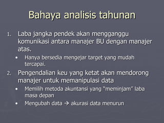 Bahaya analisis tahunan Laba jangka pendek akan mengganggu komunikasi antara manajer BU dengan manajer atas. Hanya bersedia mengejar target yang mudah tercapai. Pengendalian keu yang ketat akan mendorong manajer untuk memanipulasi data Memilih metoda akuntansi yang “meminjam” laba masa depan Mengubah data    akurasi data menurun 