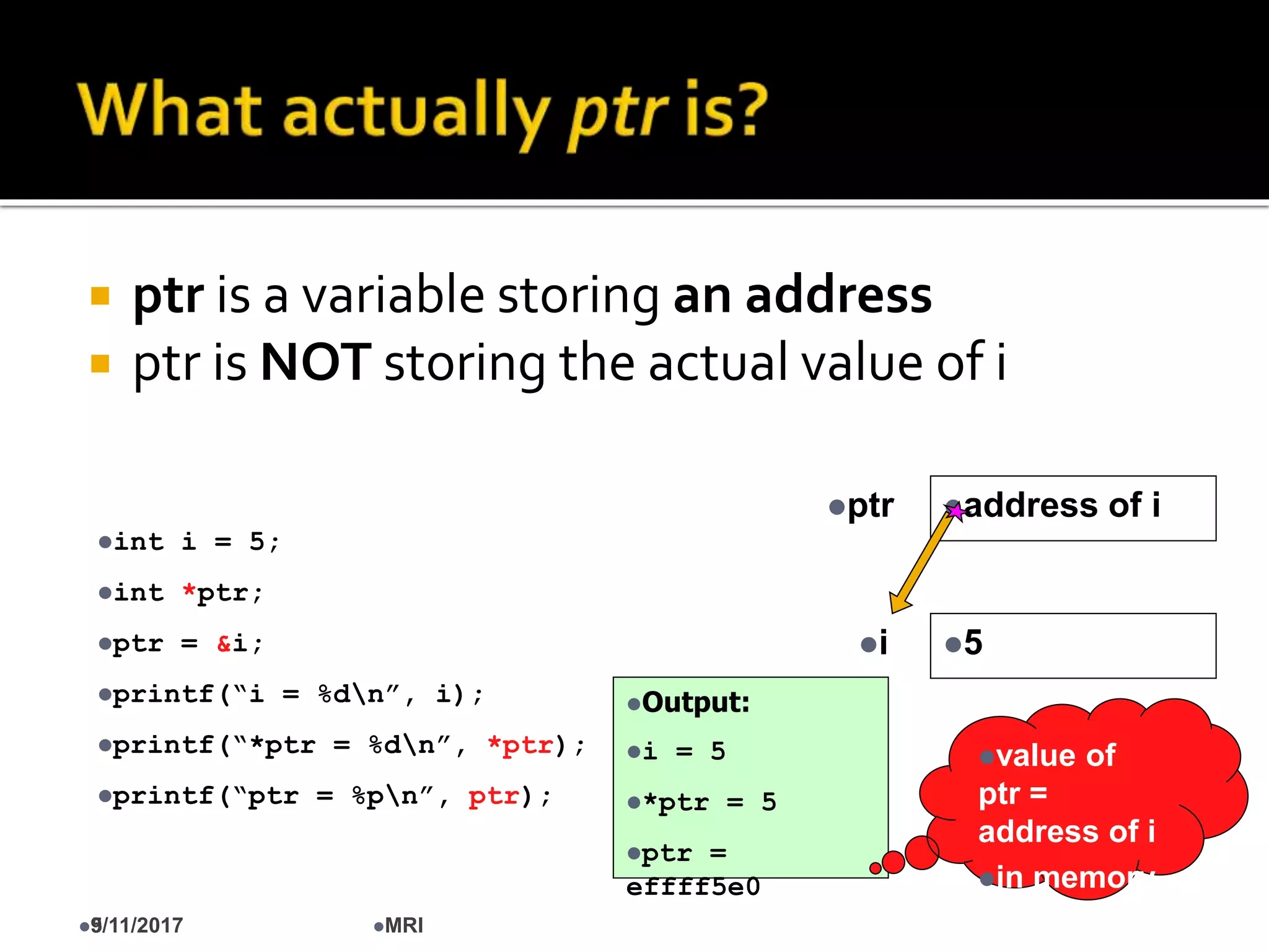 5
 ptr is a variable storing an address
 ptr is NOT storing the actual value of i
int i = 5;
int *ptr;
ptr = &i;
printf(“i = %dn”, i);
printf(“*ptr = %dn”, *ptr);
printf(“ptr = %pn”, ptr);
5i
address of iptr
Output:
i = 5
*ptr = 5
ptr =
effff5e0
value of
ptr =
address of i
in memory
9/11/2017 MRI
 