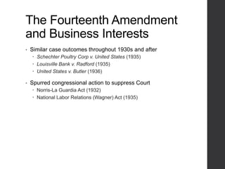 The Fourteenth Amendment
and Business Interests
• Similar case outcomes throughout 1930s and after
 Schechter Poultry Corp v. United States (1935)
 Louisville Bank v. Radford (1935)
 United States v. Butler (1936)
• Spurred congressional action to suppress Court
 Norris-La Guardia Act (1932)
 National Labor Relations (Wagner) Act (1935)
 