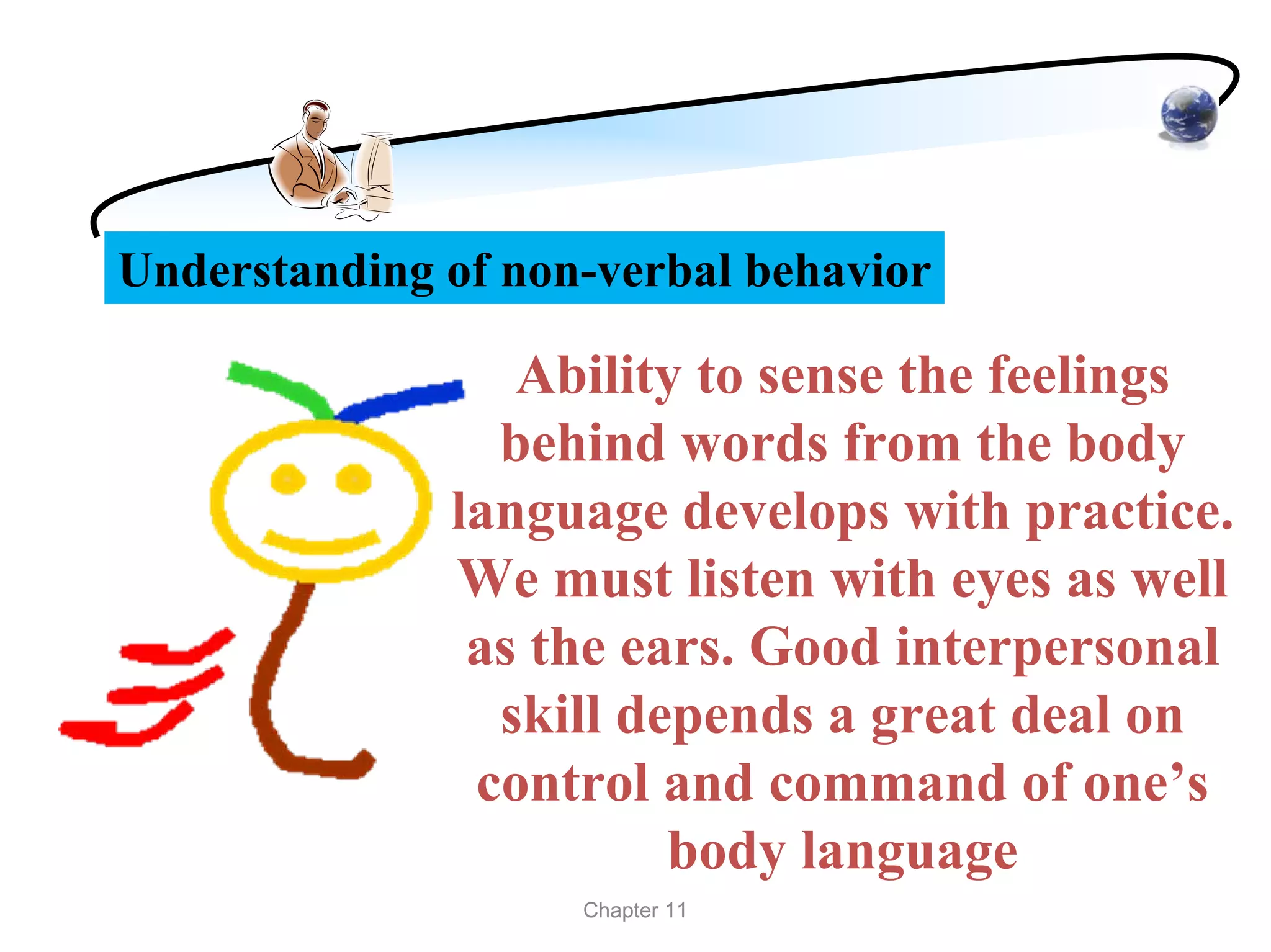 Understanding of non-verbal behavior

                 Ability to sense the feelings
                behind words from the body
              language develops with practice.
              We must listen with eyes as well
               as the ears. Good interpersonal
                skill depends a great deal on
               control and command of one’s
                        body language
                    Chapter 11
 
