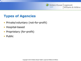 Copyright © 2012 Wolters Kluwer Health | Lippincott Williams & Wilkins
Types of Agencies
• Private/voluntary (not-for-profit)
• Hospital-based
• Proprietary (for-profit)
• Public
 