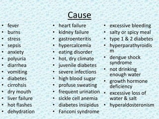 Causefever burns stress sepsis anxiety polyuriadiarrhea vomiting diabetes cirrohsisdry mouth liver failure hot flashes dehydration heart failure kidney failure gastroenteritis hypercalcemiaeating disorder hot, dry climate juvenile diabetessevere infections high blood sugar profuse sweating frequent urination sickle cell anemia diabetes insipidusFanconi syndrome excessive bleeding salty or spicy meal type 1 & 2 diabetes hyperparathyroidismdengue shock syndromenot drinking enough water growth hormone deficiency excessive loss of water & salt hyperaldosteronism