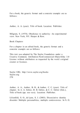 For a book, the generic format and a concrete example are as
follows:
Author, A. A. (year). Title of book. Location: Publisher.
Milgram, S. (1974). Obedience to authority: An experimental
view. New York, NY: Harper & Row.
Book Chapters
For a chapter in an edited book, the generic format and a
concrete example are as follows:
This text was adapted by The Saylor Foundation under a
Creative Commons Attribution-NonCommercial-ShareAlike 3.0
License without attribution as requested by the work’s original
creator or licensee.
Saylor URL: http://www.saylor.org/books
Saylor.org
270
Author, A. A., Author, B. B., & Author, C. C. (year). Title of
chapter. In A. A. Editor, B. B. Editor, & C. C. Editor (Eds.),
Title of book (pp. xxx–xxx). Location: Publisher.
Lilienfeld, S. O., & Lynn, S. J. (2003). Dissociative identity
disorder: Multiple personalities, multiple controversies. In S. O.
 
