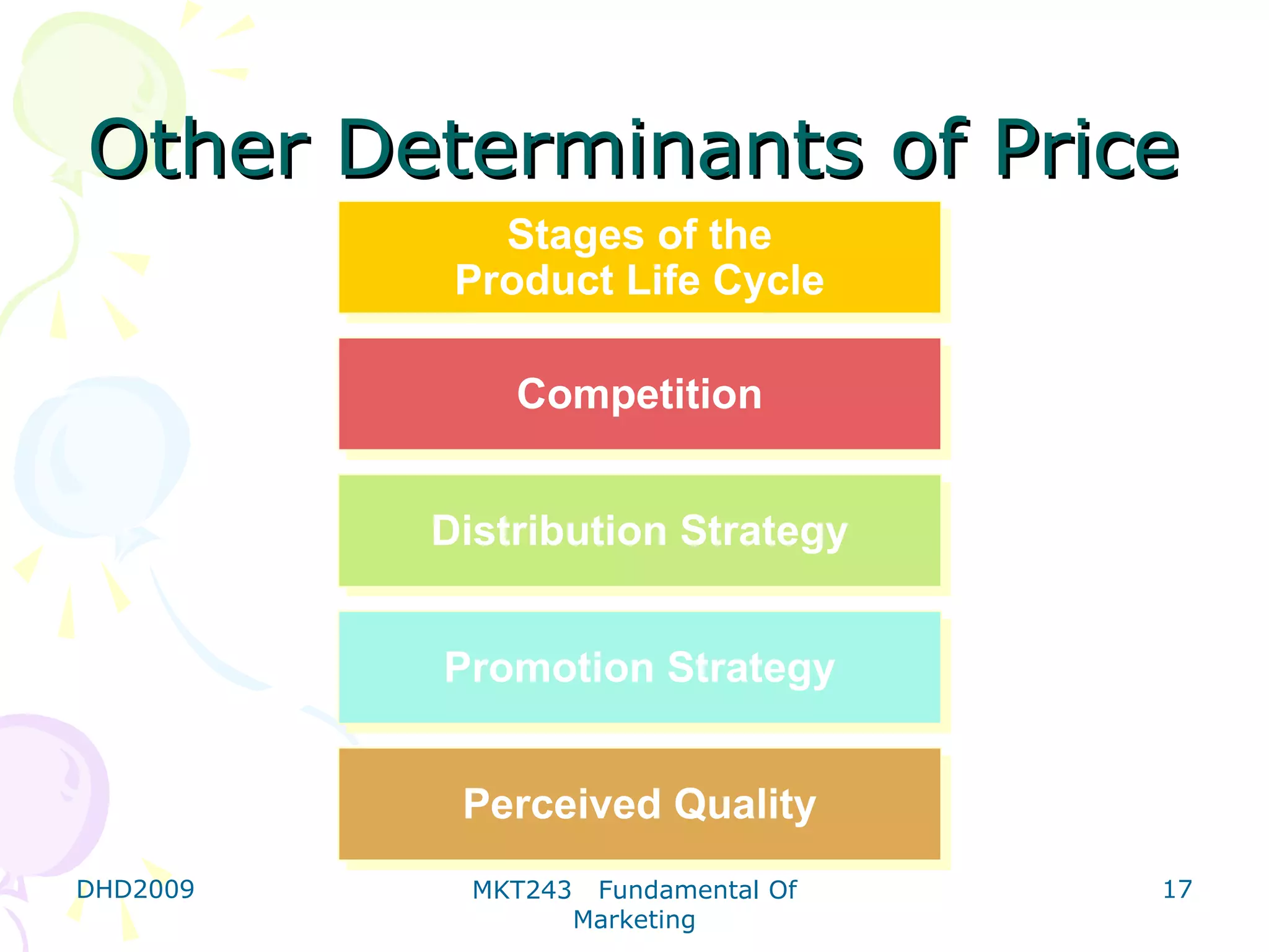 Other Determinants of Price
             Stages of the
              Stages of the
           Product Life Cycle
           Product Life Cycle

              Competition
              Competition


          Distribution Strategy
          Distribution Strategy


          Promotion Strategy
          Promotion Strategy


           Perceived Quality
           Perceived Quality
DHD2009     MKT243    Fundamental Of   17
                     Marketing
 