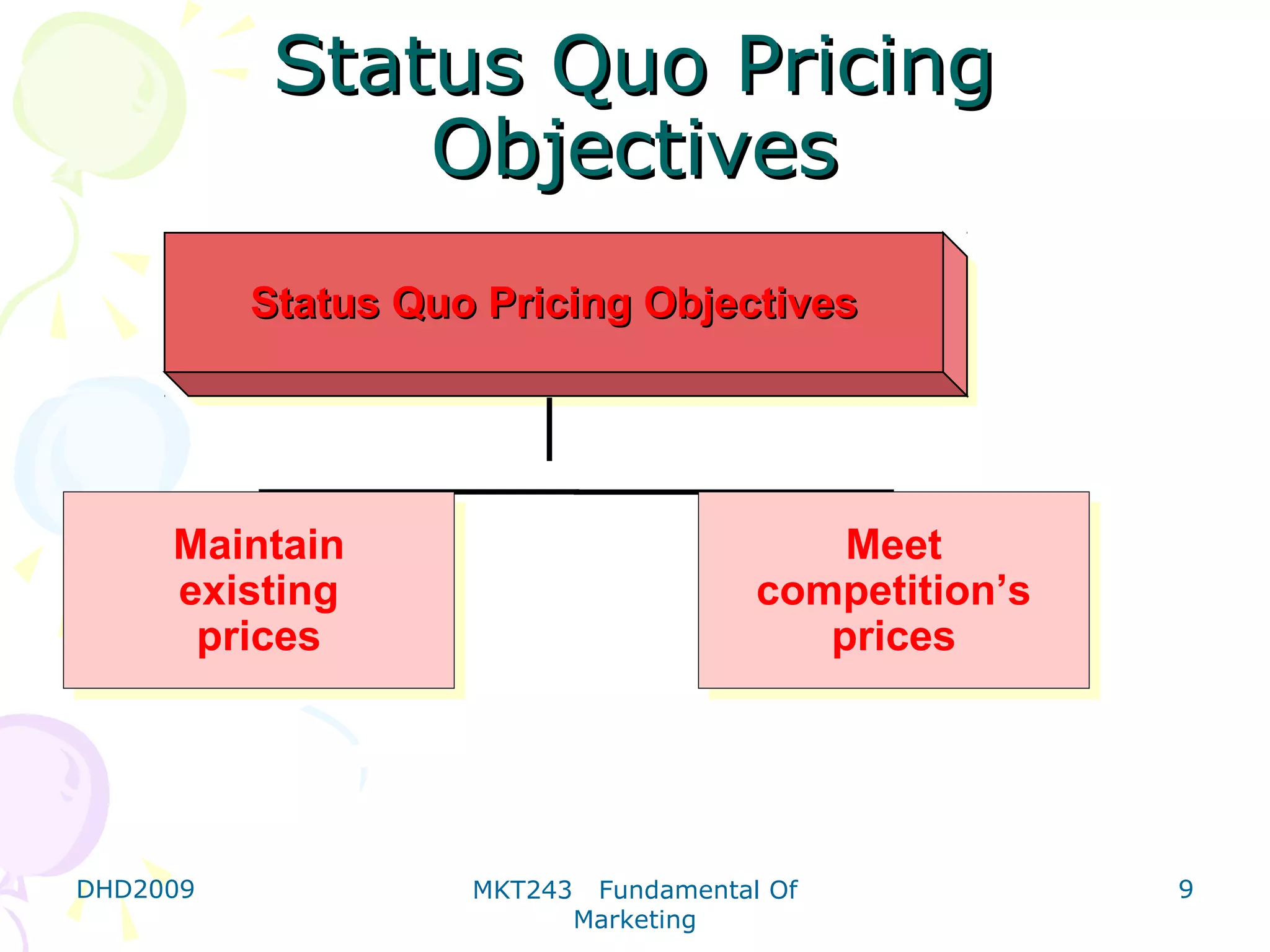 Status Quo Pricing
               Objectives
          Status Quo Pricing Objectives
          Status Quo Pricing Objectives




     Maintain
     Maintain                                Meet
                                             Meet
     existing
     existing                            competition’s
                                         competition’s
      prices
      prices                                prices
                                            prices




DHD2009             MKT243    Fundamental Of             9
                             Marketing
 