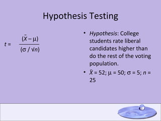 Hypothesis Testing Hypothesis : College students rate liberal candidates higher than do the rest of the voting population.  X  = 52;    = 50;    = 5;  n  = 25 _ ( X  –   ) (   / √ n ) __________ t  =  _ 
