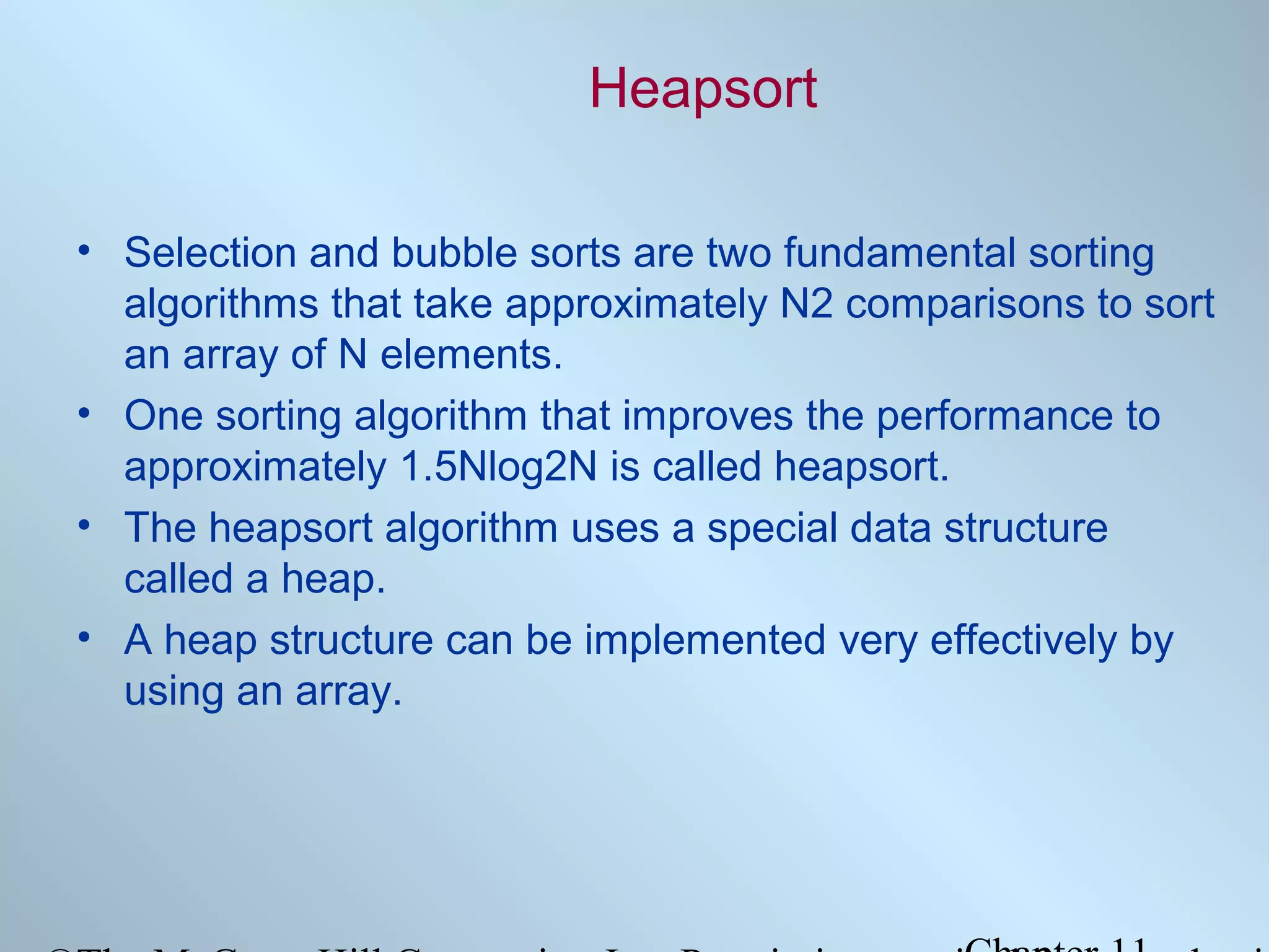 Heapsort
• Selection and bubble sorts are two fundamental sorting
algorithms that take approximately N2 comparisons to sort
an array of N elements.
• One sorting algorithm that improves the performance to
approximately 1.5Nlog2N is called heapsort.
• The heapsort algorithm uses a special data structure
called a heap.
• A heap structure can be implemented very effectively by
using an array.

 