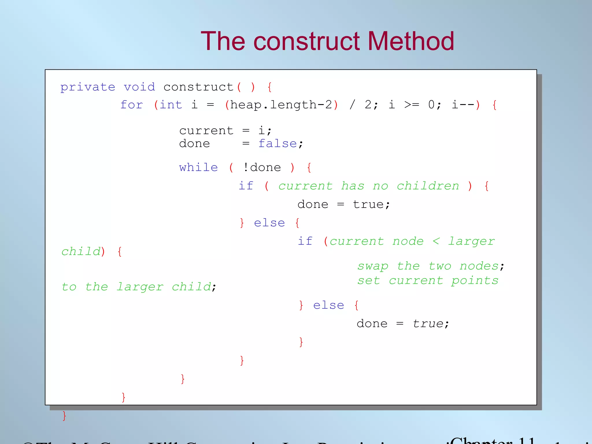 The construct Method
private void construct( ) {
for (int i = (heap.length-2) / 2; i >= 0; i--) {
current = i;
done
= false;

child) {

while ( !done ) {
if ( current has no children ) {
done = true;
} else {
if (current node < larger
swap the two nodes;
set current points

to the larger child;

} else {
done = true;
}
}
}
}
}

 