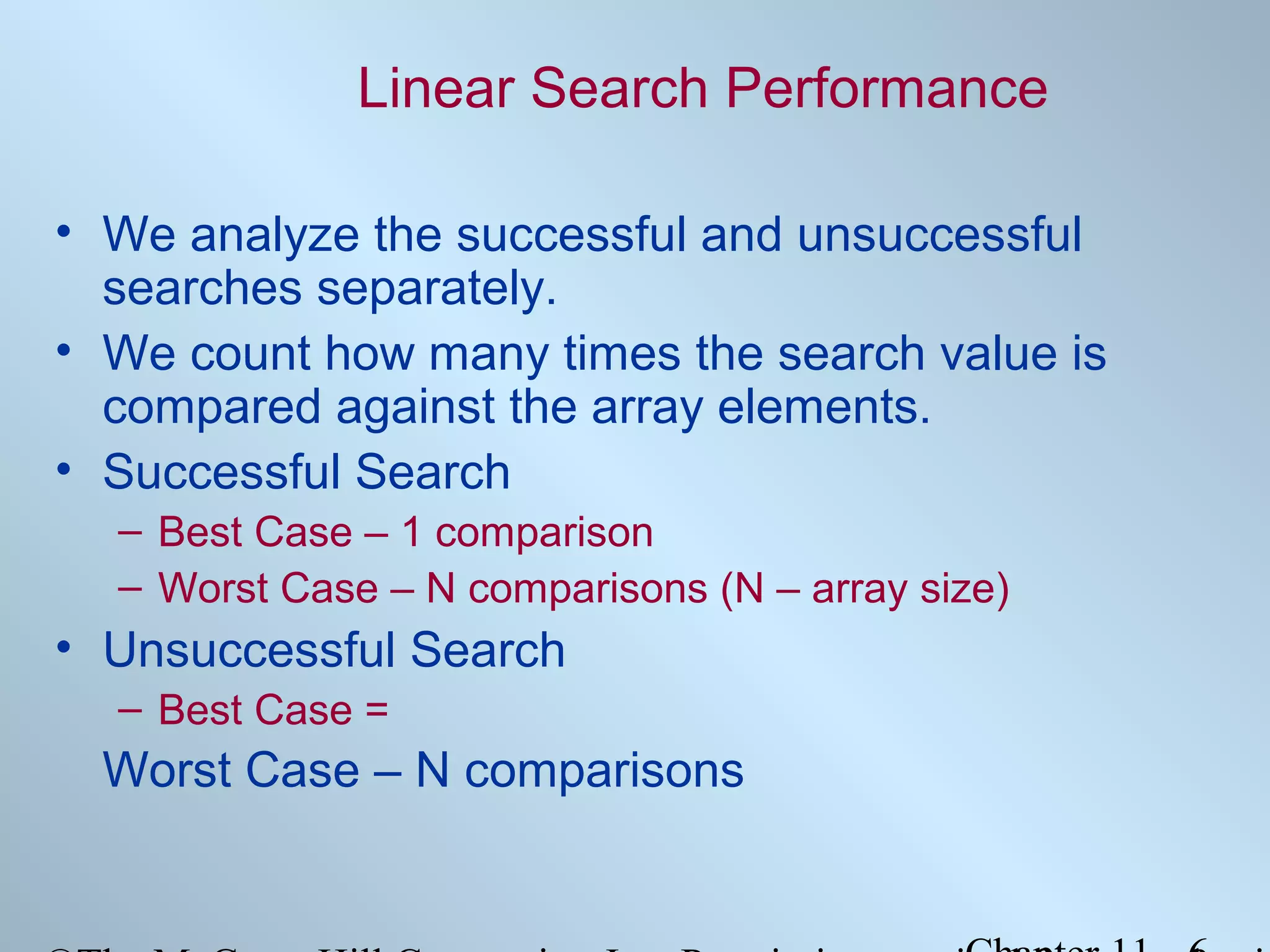 Linear Search Performance
• We analyze the successful and unsuccessful
searches separately.
• We count how many times the search value is
compared against the array elements.
• Successful Search
– Best Case – 1 comparison
– Worst Case – N comparisons (N – array size)

• Unsuccessful Search
– Best Case =

Worst Case – N comparisons

 