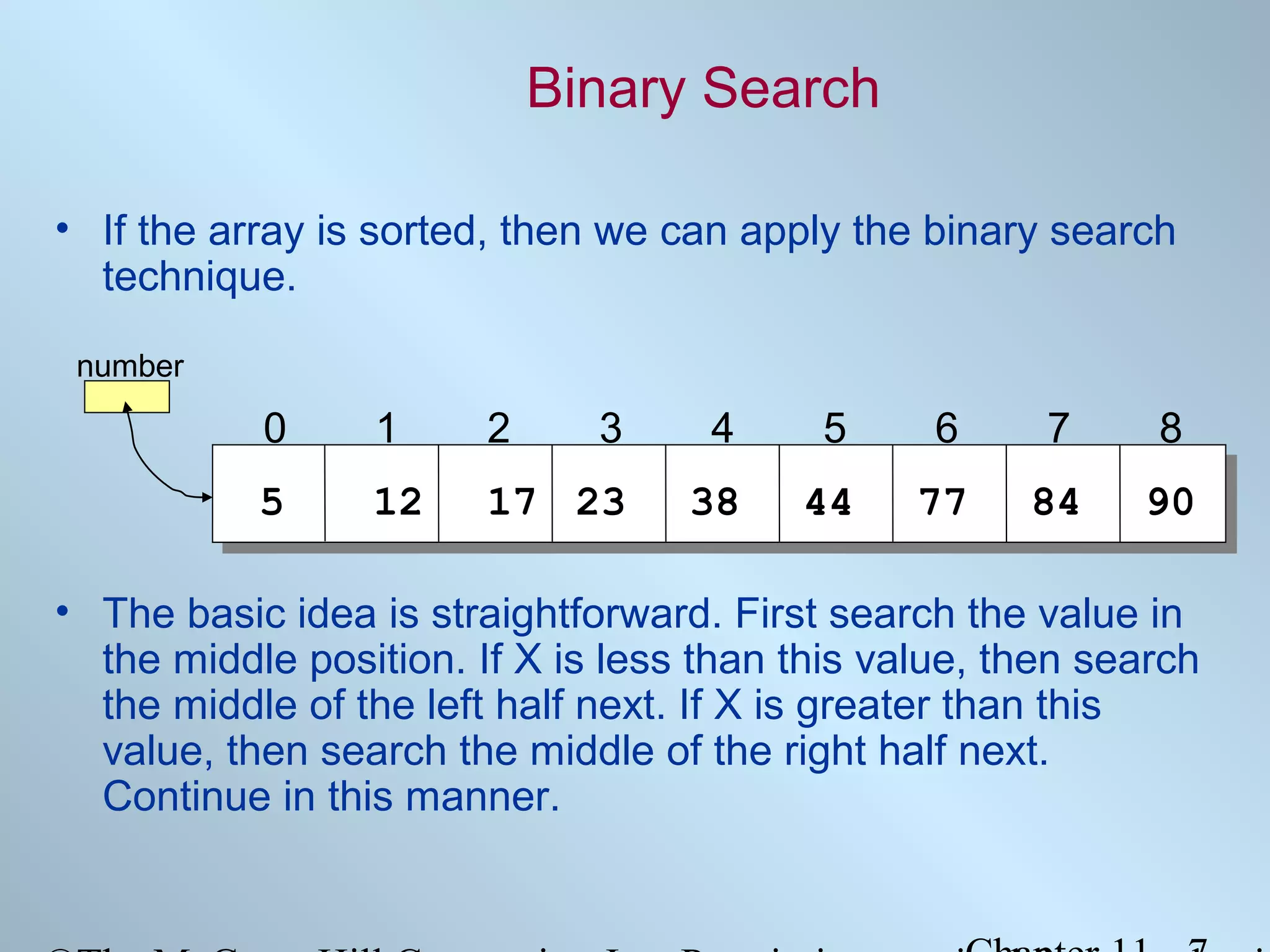 Binary Search
• If the array is sorted, then we can apply the binary search
technique.
number

0

1

2

3

4

5

6

7

8

5

12

17 23

38

44

77

84

90

• The basic idea is straightforward. First search the value in
the middle position. If X is less than this value, then search
the middle of the left half next. If X is greater than this
value, then search the middle of the right half next.
Continue in this manner.

 