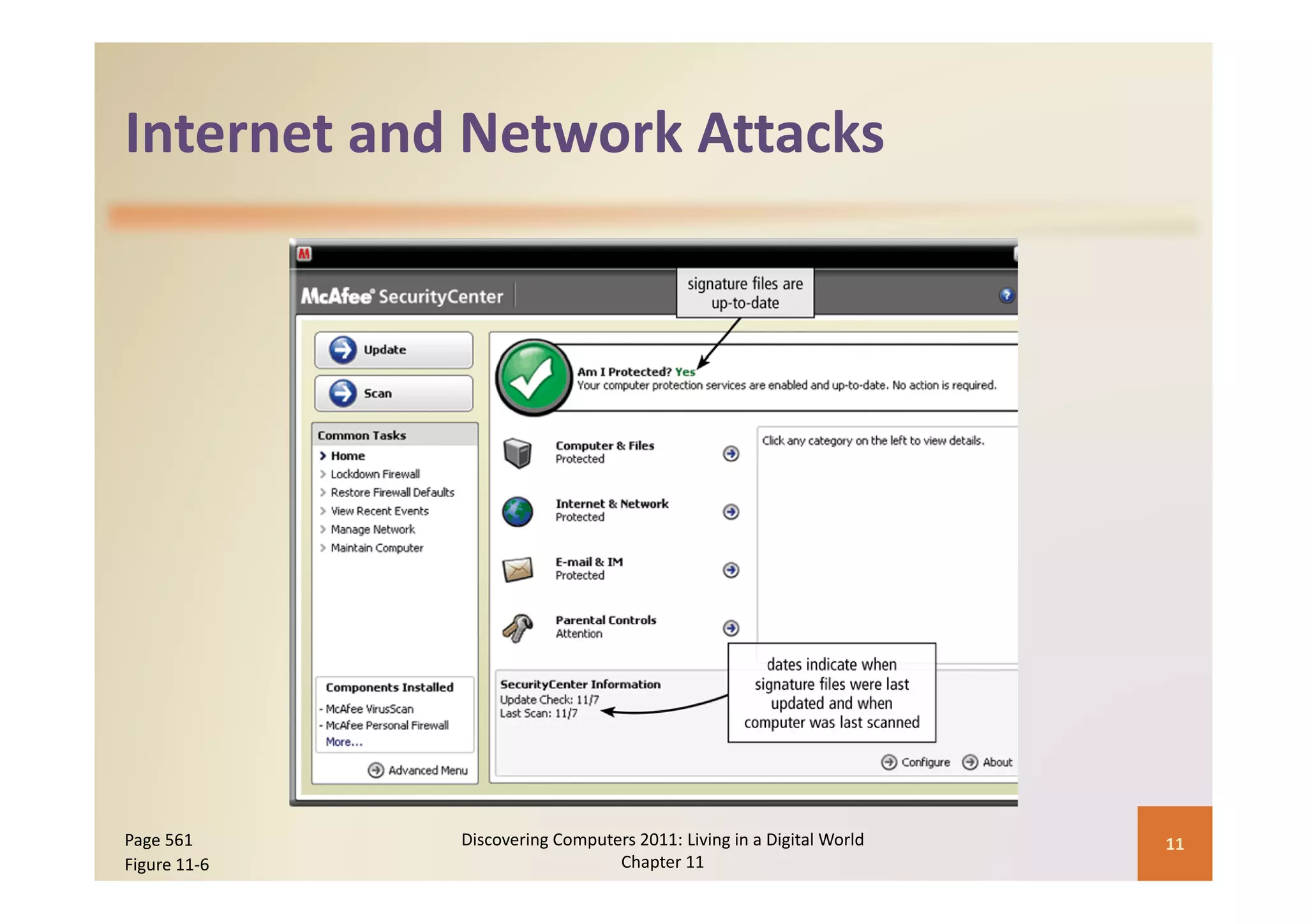 Internet and Network Attacks
Internet and Network Attacks




Page 561      Discovering Computers 2011: Living in a Digital World    11
Figure 11‐6                      Chapter 11
 