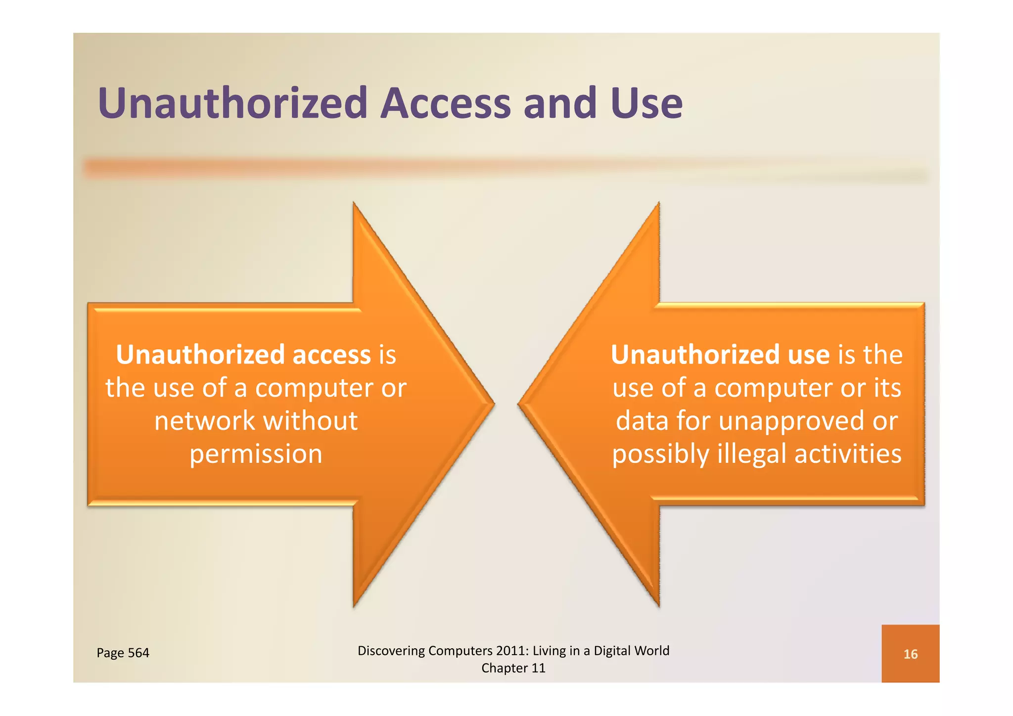 Unauthorized Access and Use
Unauthorized Access and Use




  Unauthorized access is 
  Unauthorized access is                                        Unauthorized use is the 
                                                                Unauthorized use is the
 the use of a computer or                                       use of a computer or its 
     network without                                            data for unapproved or 
        permission                                              possibly illegal activities




Page 564             Discovering Computers 2011: Living in a Digital World                16
                                        Chapter 11
 