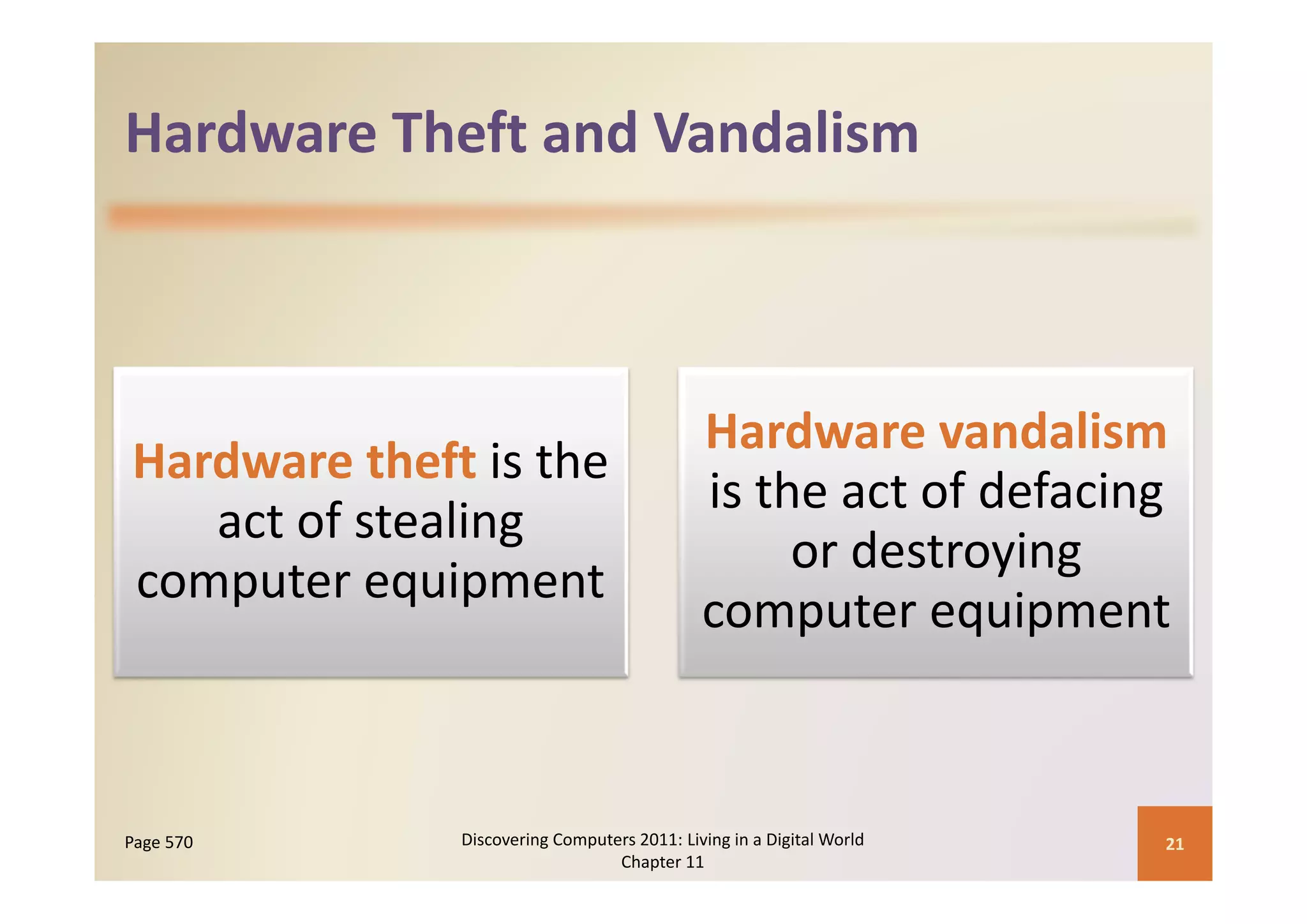 Hardware Theft and Vandalism
Hardware Theft and Vandalism



                                             Hardware vandalism
Hardware theft is the 
Hardware theft is the
                                             is the act of defacing 
   act of stealing 
                                                  or destroying
                                                  or destroying 
      t       i
computer equipment  t
                                             computer equipment



Page 570      Discovering Computers 2011: Living in a Digital World    21
                                 Chapter 11
 