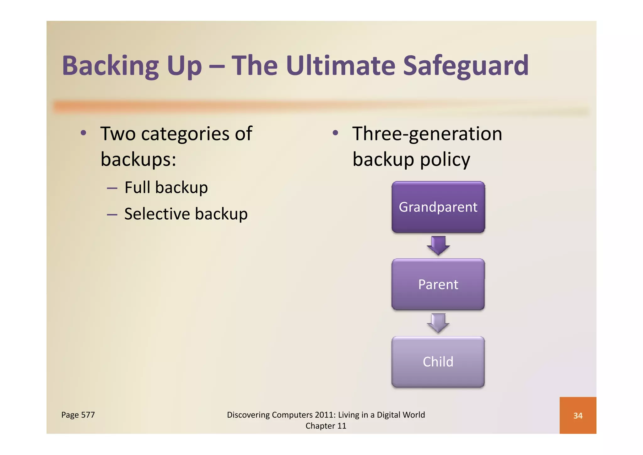 Backing Up  The Ultimate Safeguard
Backing Up – The Ultimate Safeguard

    • Two categories of                               • Three‐generation 
      backups:                                          backup policy
           – Full backup
                                                                        Grandparent
           – Selective backup


                                                                             Parent




                                                                              Child


Page 577                  Discovering Computers 2011: Living in a Digital World       34
                                             Chapter 11
 