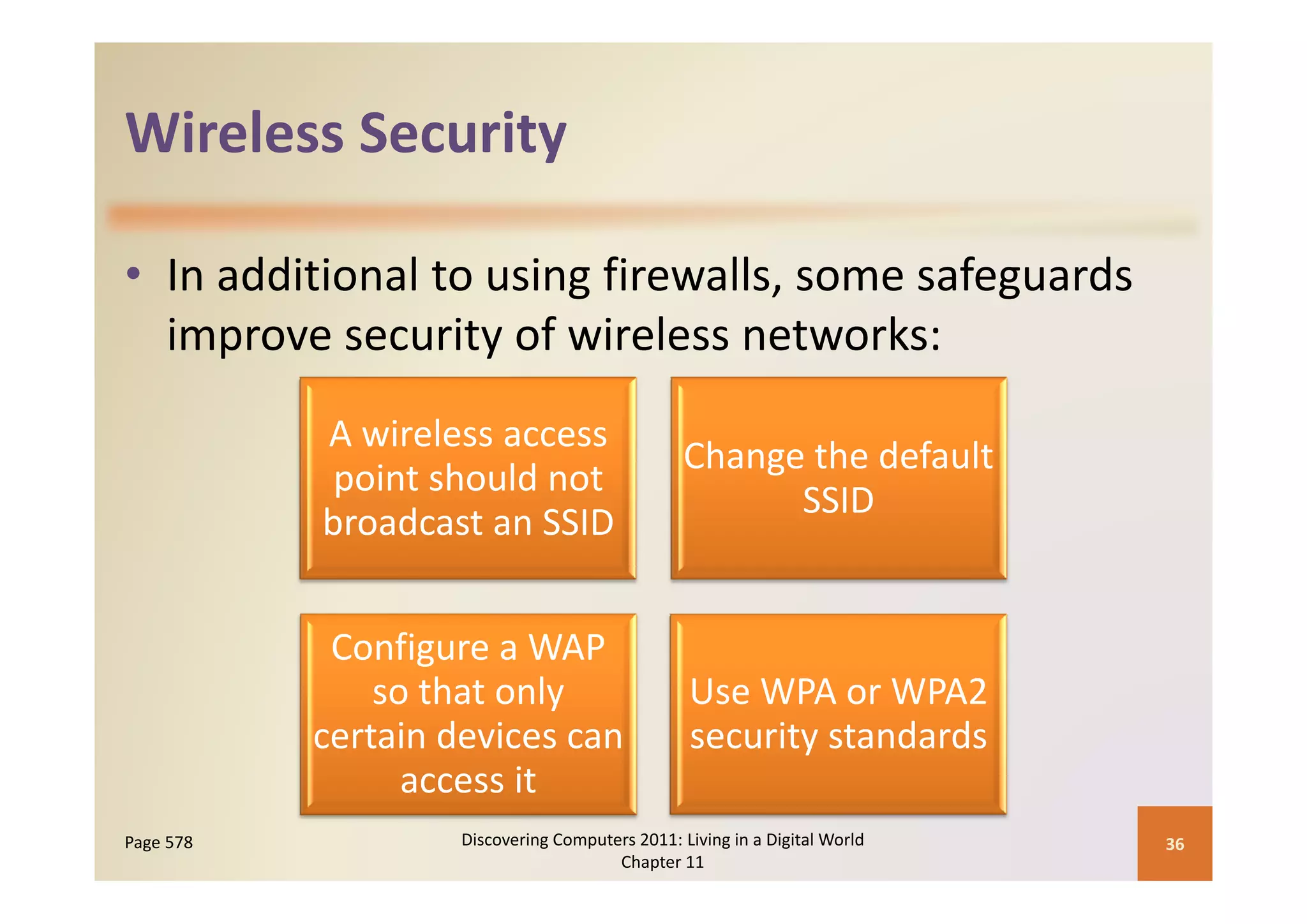 Wireless Security
Wireless Security

• In additional to using firewalls, some safeguards 
     p             y
  improve security of wireless networks:
           A wireless access 
                                                 Change the default 
                                                 Change the default
            point should not 
                                                       SSID
           broadcast an SSID


            Configure a WAP 
               so that only                       Use WPA or WPA2 
           certain devices can                    security standards
                 access it
                 access it
Page 578            Discovering Computers 2011: Living in a Digital World    36
                                       Chapter 11
 