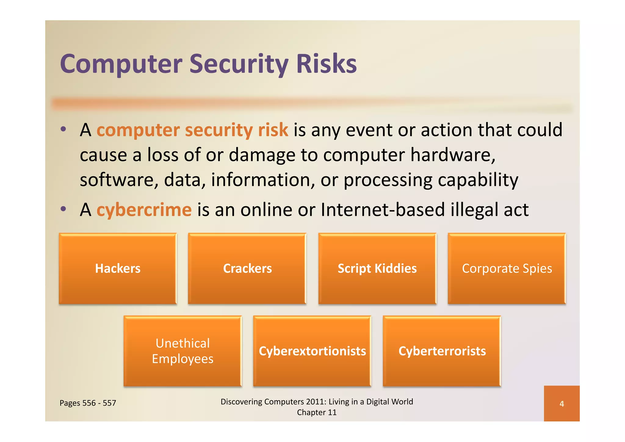 Computer Security Risks
Computer Security Risks

• A computer security risk is any event or action that could 
  cause a loss of or damage to computer hardware, 
  software, data, information, or processing capability
• A cybercrime is an online or Internet‐based illegal act

         Hackers                 Crackers                        Script Kiddies
                                                                 Script Kiddies             Corporate Spies
                                                                                            Corporate Spies




                    Unethical 
                                           Cyberextortionists                     Cyberterrorists
                   Employees


Pages 556 ‐ 557                  Discovering Computers 2011: Living in a Digital World                        4
                                                    Chapter 11
 