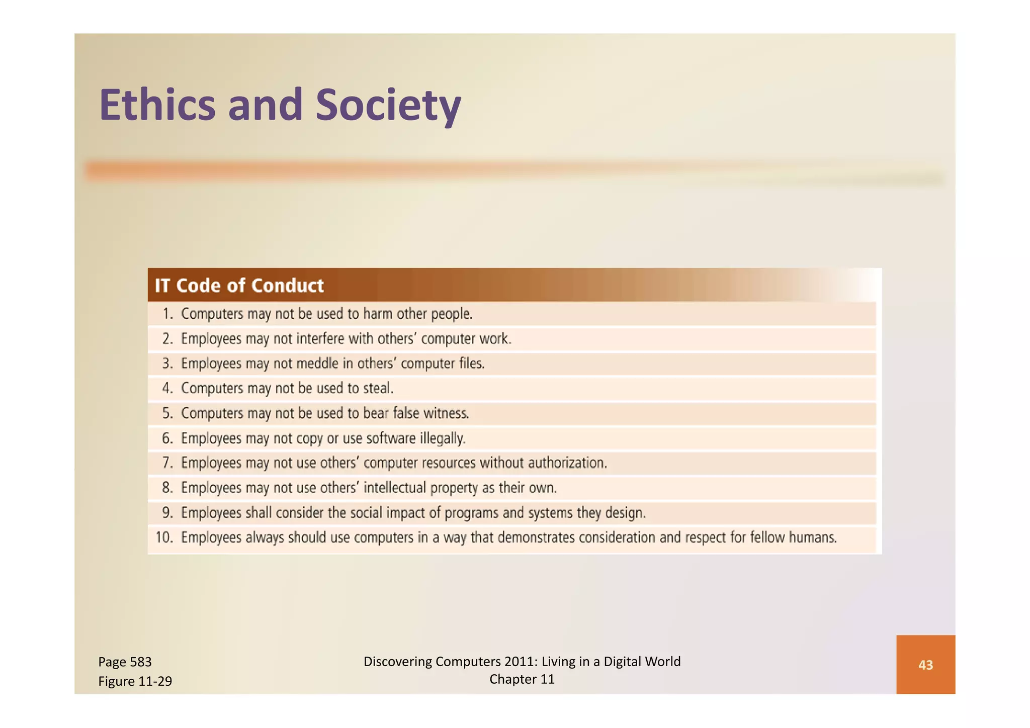 Ethics and Society
Ethics and Society




Page 583       Discovering Computers 2011: Living in a Digital World    43
Figure 11‐29                      Chapter 11
 
