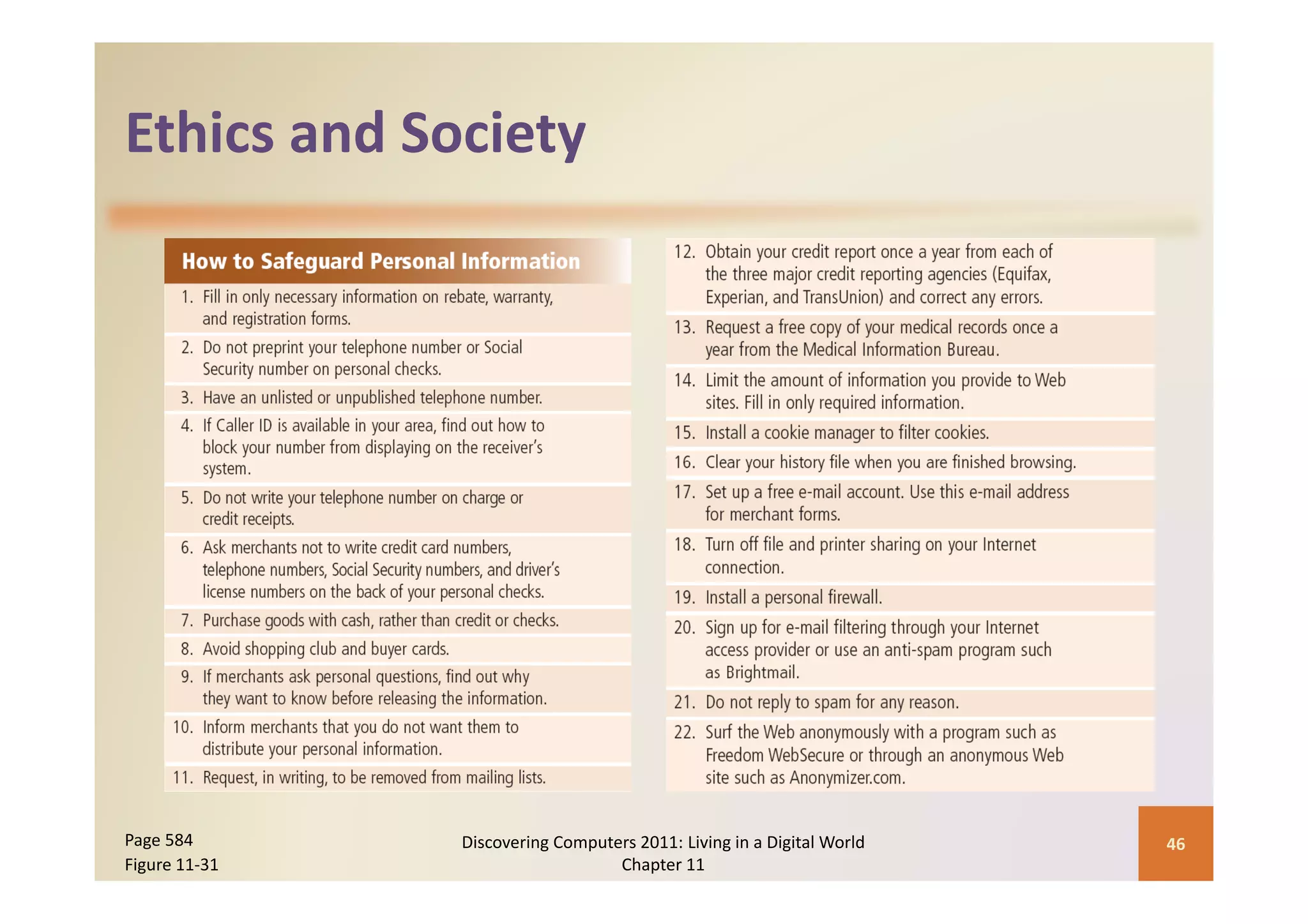 Ethics and Society
Ethics and Society




Page 584       Discovering Computers 2011: Living in a Digital World    46
Figure 11‐31                      Chapter 11
 