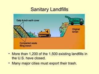 Sanitary Landfills
• More than 1,200 of the 1,500 existing landfills in
the U.S. have closed.
• Many major cities must export their trash.
 