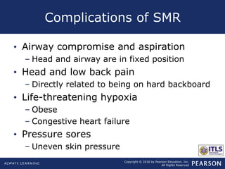 Copyright © 2016 by Pearson Education, Inc.
All Rights Reserved
Complications of SMR
• Airway compromise and aspiration
– Head and airway are in fixed position
• Head and low back pain
– Directly related to being on hard backboard
• Life-threatening hypoxia
– Obese
– Congestive heart failure
• Pressure sores
– Uneven skin pressure
 