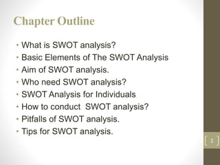 Chapter Outline
• What is SWOT analysis?
• Basic Elements of The SWOT Analysis
• Aim of SWOT analysis.
• Who need SWOT ana...