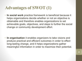 Advantages of SWOT (1)
• In social work practice framework is beneficial because it
helps organizations decide whether or ...