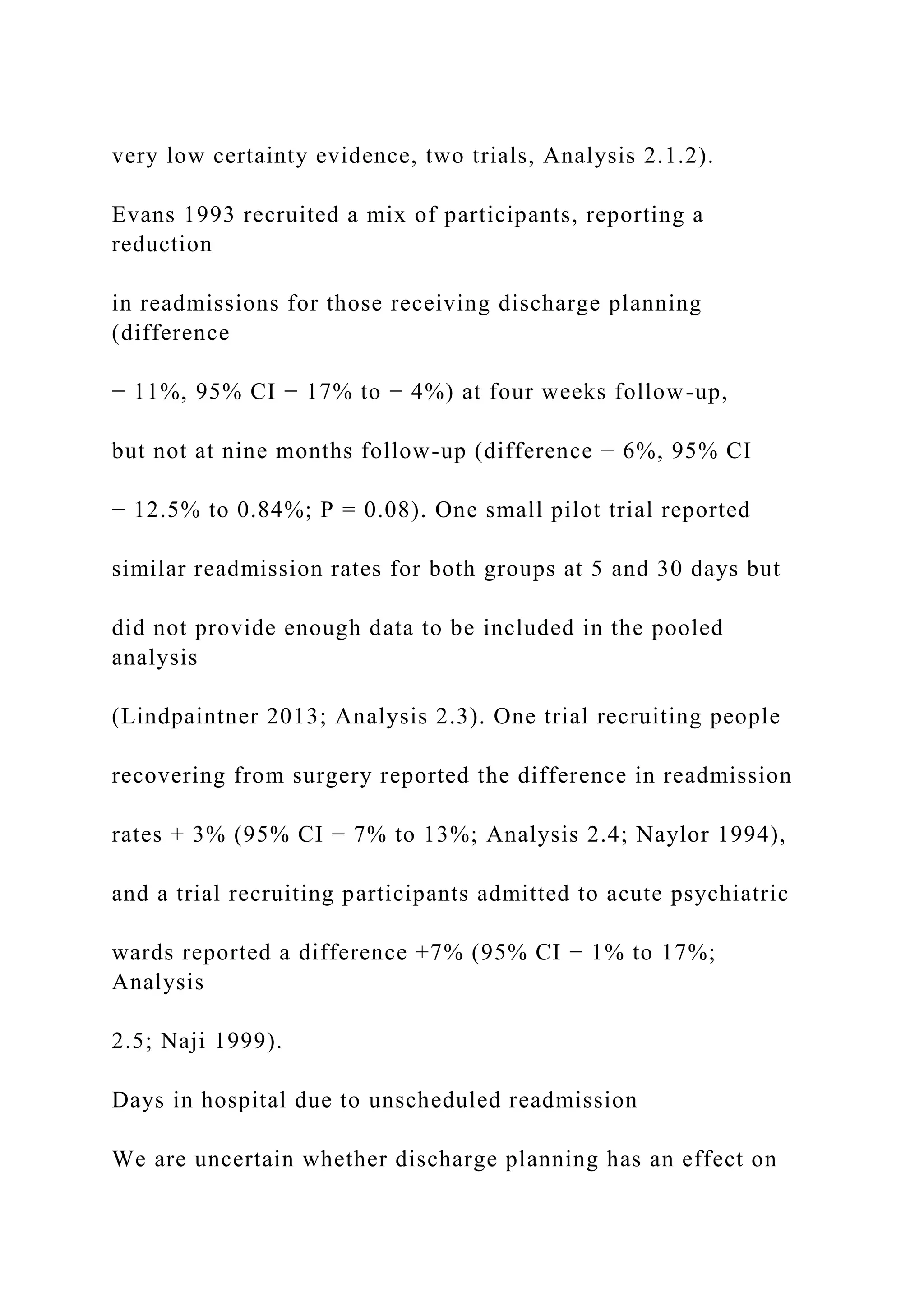 very low certainty evidence, two trials, Analysis 2.1.2).
Evans 1993 recruited a mix of participants, reporting a
reduction
in readmissions for those receiving discharge planning
(difference
− 11%, 95% CI − 17% to − 4%) at four weeks follow-up,
but not at nine months follow-up (difference − 6%, 95% CI
− 12.5% to 0.84%; P = 0.08). One small pilot trial reported
similar readmission rates for both groups at 5 and 30 days but
did not provide enough data to be included in the pooled
analysis
(Lindpaintner 2013; Analysis 2.3). One trial recruiting people
recovering from surgery reported the difference in readmission
rates + 3% (95% CI − 7% to 13%; Analysis 2.4; Naylor 1994),
and a trial recruiting participants admitted to acute psychiatric
wards reported a difference +7% (95% CI − 1% to 17%;
Analysis
2.5; Naji 1999).
Days in hospital due to unscheduled readmission
We are uncertain whether discharge planning has an effect on
 
