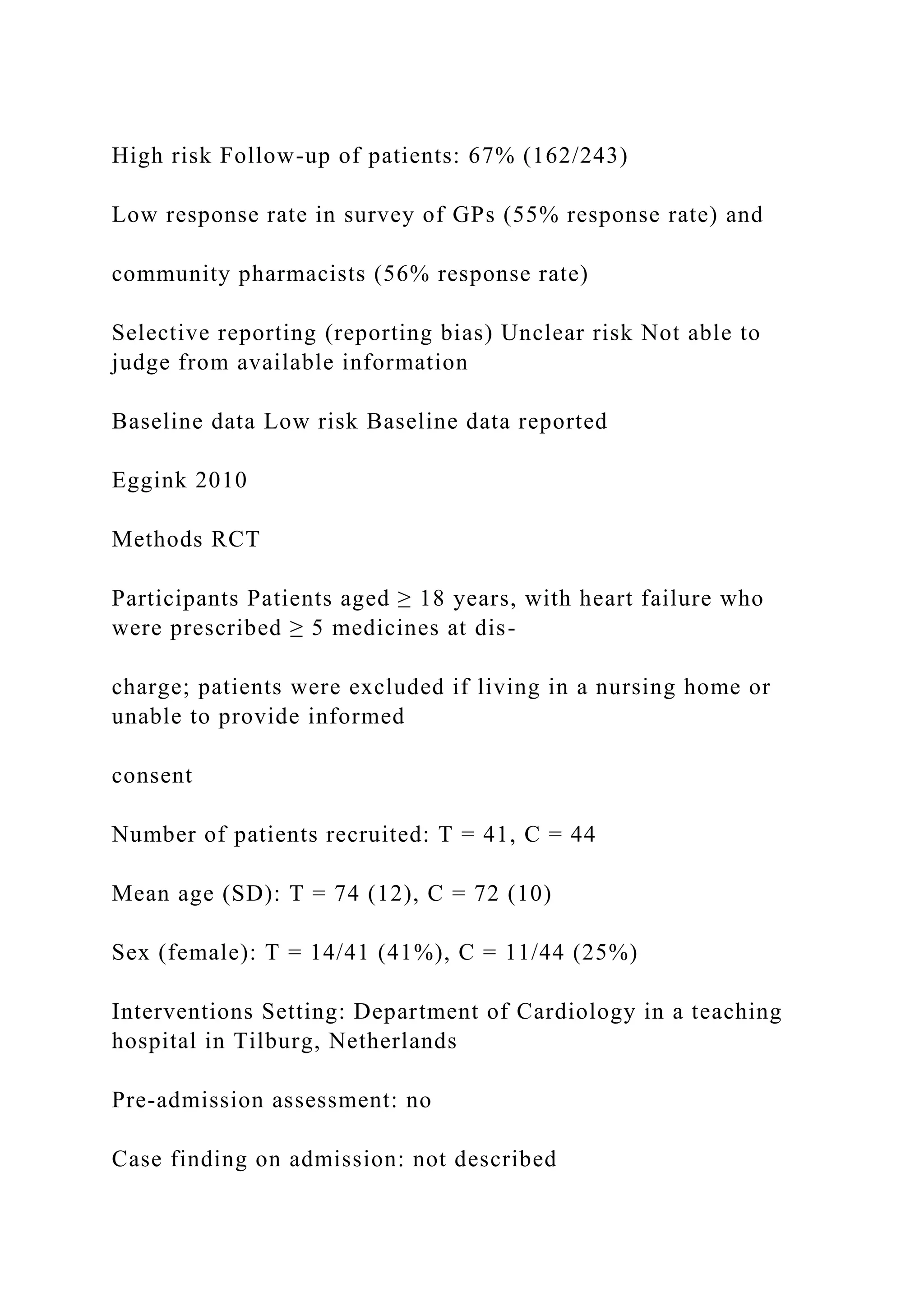 High risk Follow-up of patients: 67% (162/243)
Low response rate in survey of GPs (55% response rate) and
community pharmacists (56% response rate)
Selective reporting (reporting bias) Unclear risk Not able to
judge from available information
Baseline data Low risk Baseline data reported
Eggink 2010
Methods RCT
Participants Patients aged ≥ 18 years, with heart failure who
were prescribed ≥ 5 medicines at dis-
charge; patients were excluded if living in a nursing home or
unable to provide informed
consent
Number of patients recruited: T = 41, C = 44
Mean age (SD): T = 74 (12), C = 72 (10)
Sex (female): T = 14/41 (41%), C = 11/44 (25%)
Interventions Setting: Department of Cardiology in a teaching
hospital in Tilburg, Netherlands
Pre-admission assessment: no
Case finding on admission: not described
 