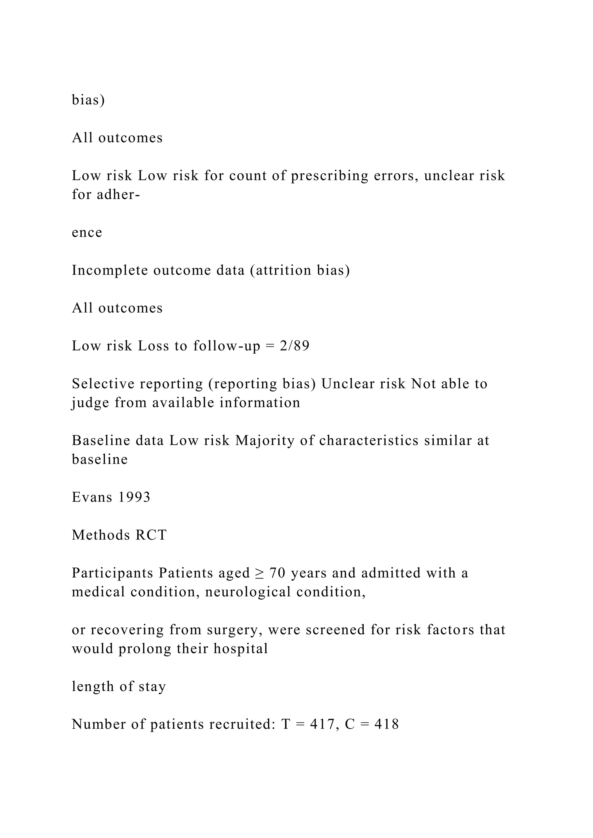 bias)
All outcomes
Low risk Low risk for count of prescribing errors, unclear risk
for adher-
ence
Incomplete outcome data (attrition bias)
All outcomes
Low risk Loss to follow-up = 2/89
Selective reporting (reporting bias) Unclear risk Not able to
judge from available information
Baseline data Low risk Majority of characteristics similar at
baseline
Evans 1993
Methods RCT
Participants Patients aged ≥ 70 years and admitted with a
medical condition, neurological condition,
or recovering from surgery, were screened for risk factors that
would prolong their hospital
length of stay
Number of patients recruited: T = 417, C = 418
 