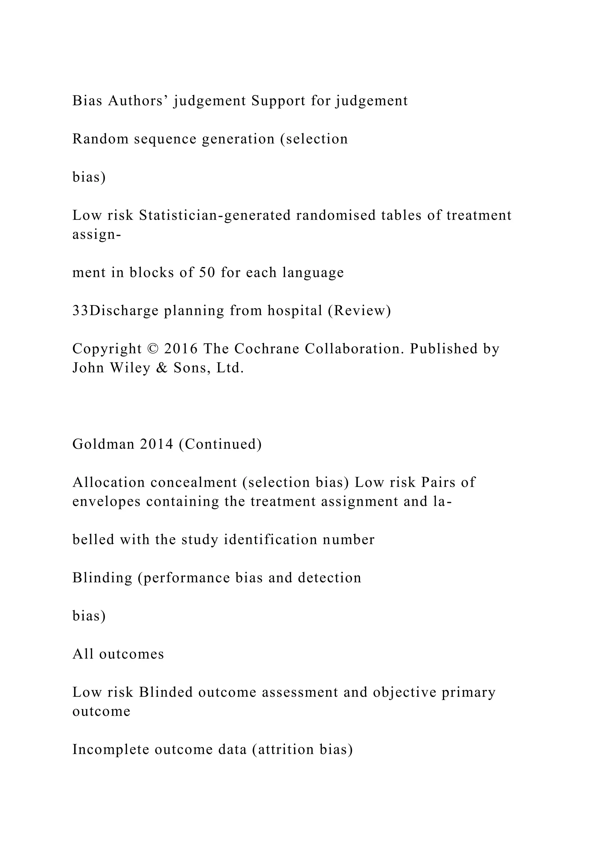 Bias Authors’ judgement Support for judgement
Random sequence generation (selection
bias)
Low risk Statistician-generated randomised tables of treatment
assign-
ment in blocks of 50 for each language
33Discharge planning from hospital (Review)
Copyright © 2016 The Cochrane Collaboration. Published by
John Wiley & Sons, Ltd.
Goldman 2014 (Continued)
Allocation concealment (selection bias) Low risk Pairs of
envelopes containing the treatment assignment and la-
belled with the study identification number
Blinding (performance bias and detection
bias)
All outcomes
Low risk Blinded outcome assessment and objective primary
outcome
Incomplete outcome data (attrition bias)
 
