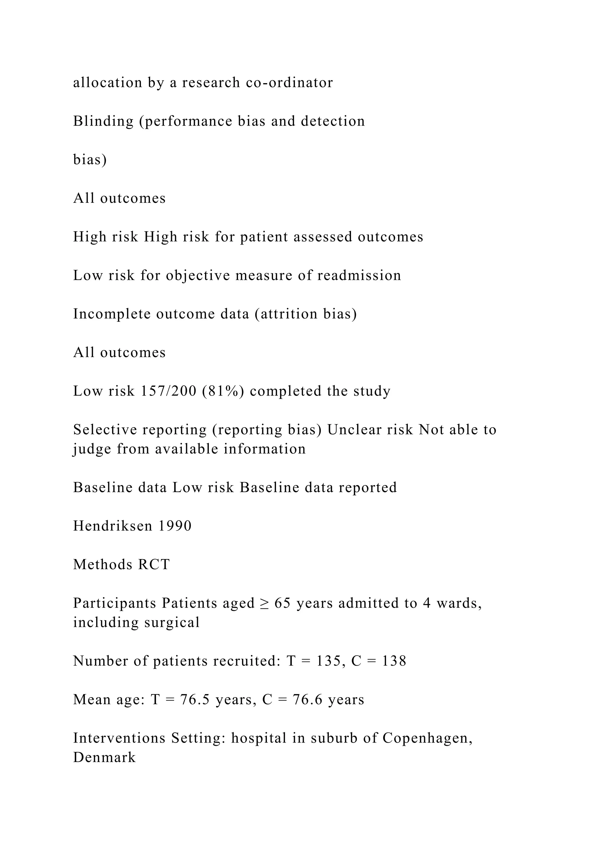 allocation by a research co-ordinator
Blinding (performance bias and detection
bias)
All outcomes
High risk High risk for patient assessed outcomes
Low risk for objective measure of readmission
Incomplete outcome data (attrition bias)
All outcomes
Low risk 157/200 (81%) completed the study
Selective reporting (reporting bias) Unclear risk Not able to
judge from available information
Baseline data Low risk Baseline data reported
Hendriksen 1990
Methods RCT
Participants Patients aged ≥ 65 years admitted to 4 wards,
including surgical
Number of patients recruited: T = 135, C = 138
Mean age: T = 76.5 years, C = 76.6 years
Interventions Setting: hospital in suburb of Copenhagen,
Denmark
 